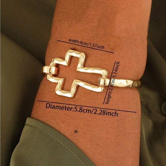 Geometric Gold Color Cross Shaped Open Cuff Bracelet - Picture 8 of 10